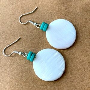Mother of pearl and turquoise handmade earrings. Silver. 2in